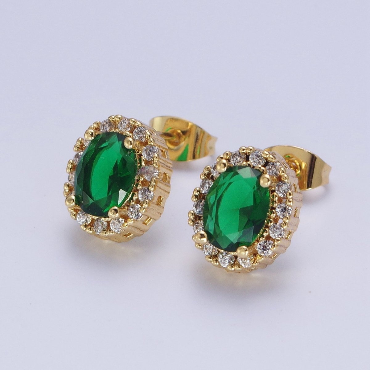 Micro Paved Clear Pink Purple Green Oval Gold Stud Earrings | X-900-X-903 - DLUXCA