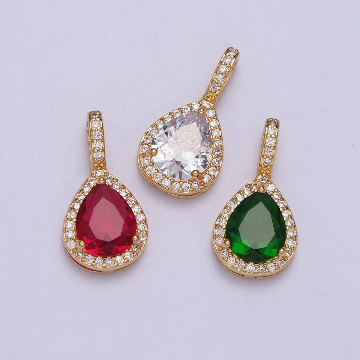 Micro Paved Clear, Red, Green Teardrop CZ Gold Pendant | AA011 - AA013 - DLUXCA