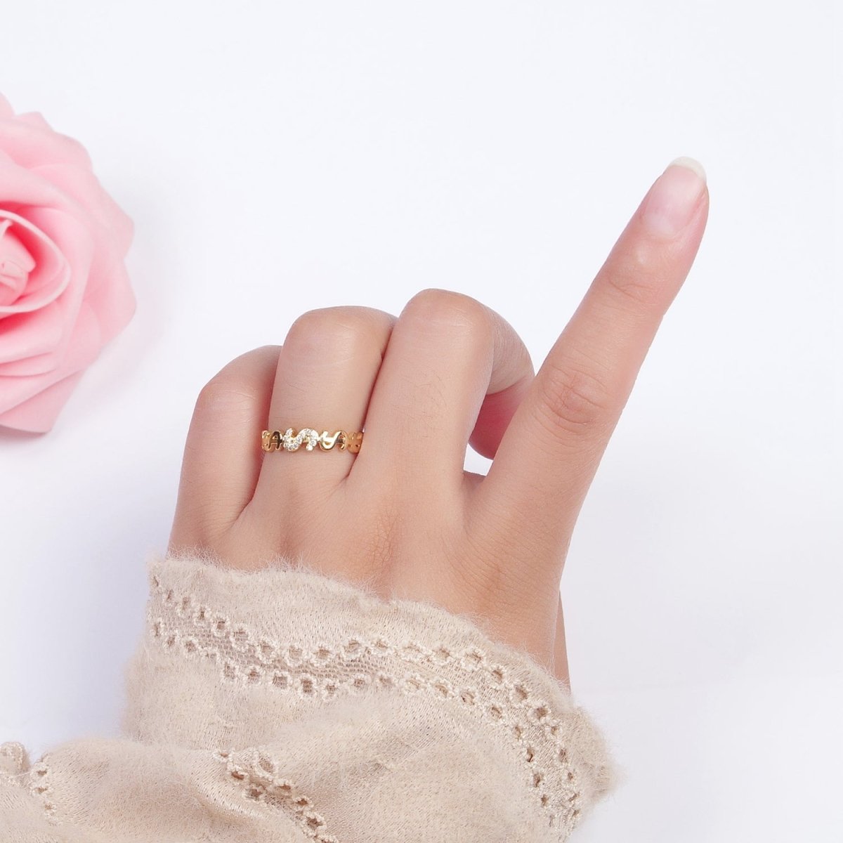 Micro Paved Cubic Zirconia Dollar Bill $ Link Adjustable Gold Ring | X-559 - DLUXCA