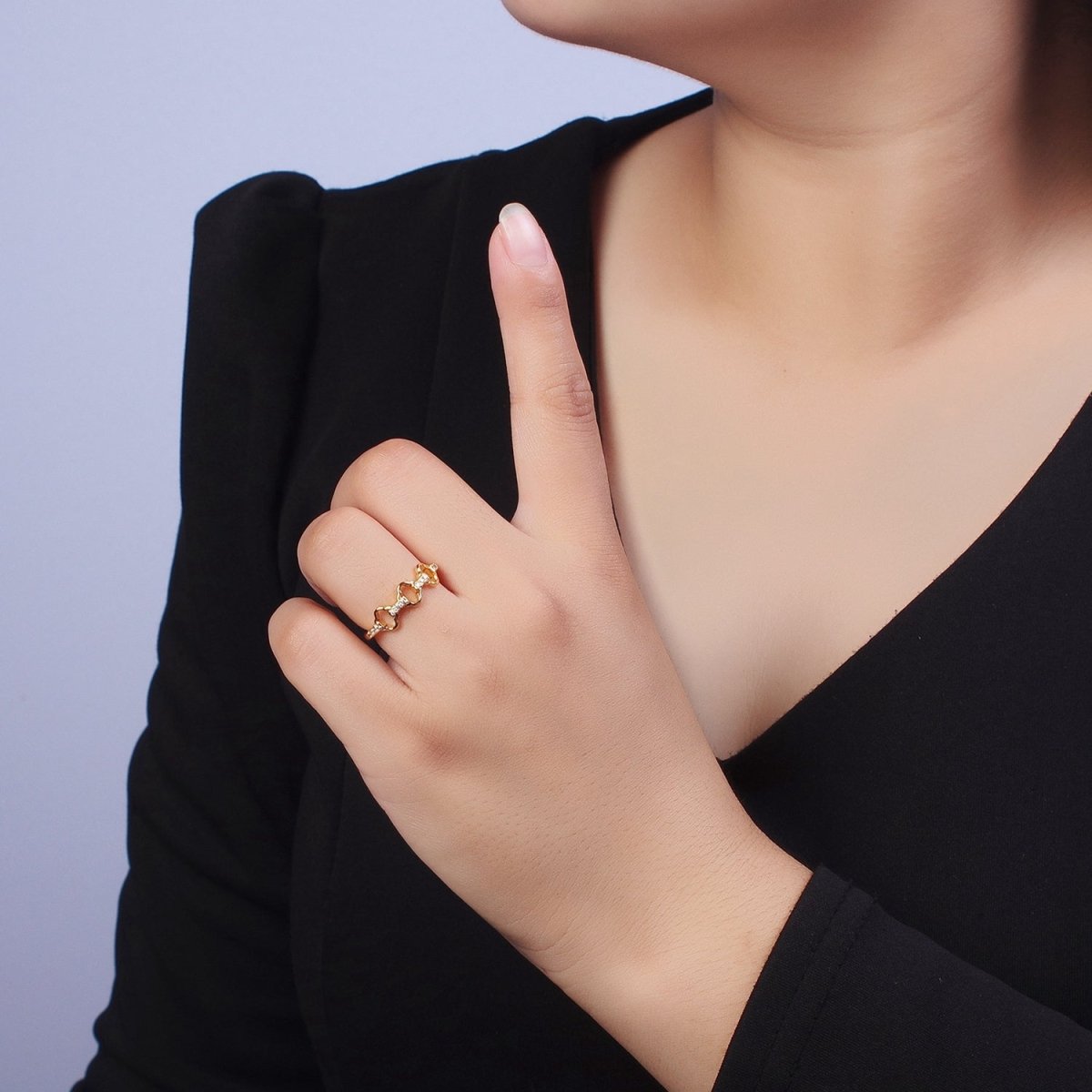 Micro Paved Cubic Zirconia Quatrefoil Clover Chain Link Adjustable Gold Ring | X-589 - DLUXCA