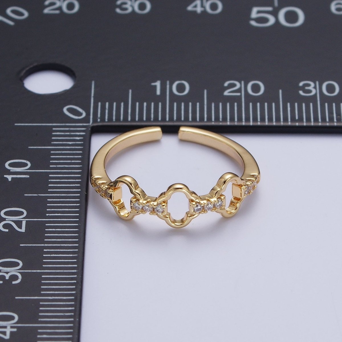 Micro Paved Cubic Zirconia Quatrefoil Clover Chain Link Adjustable Gold Ring | X-589 - DLUXCA