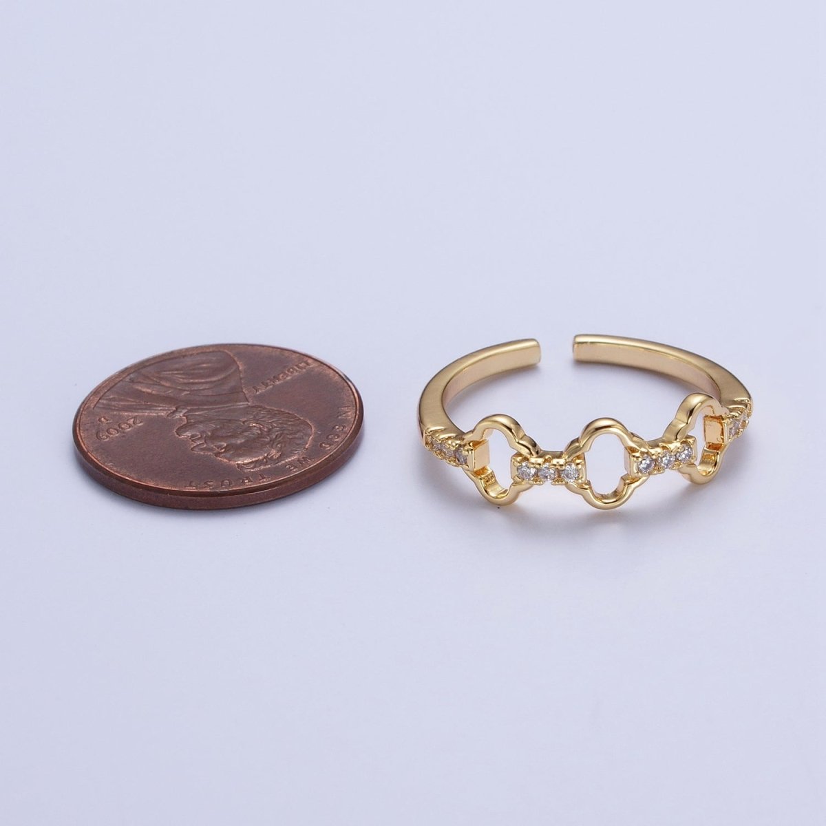 Micro Paved Cubic Zirconia Quatrefoil Clover Chain Link Adjustable Gold Ring | X-589 - DLUXCA