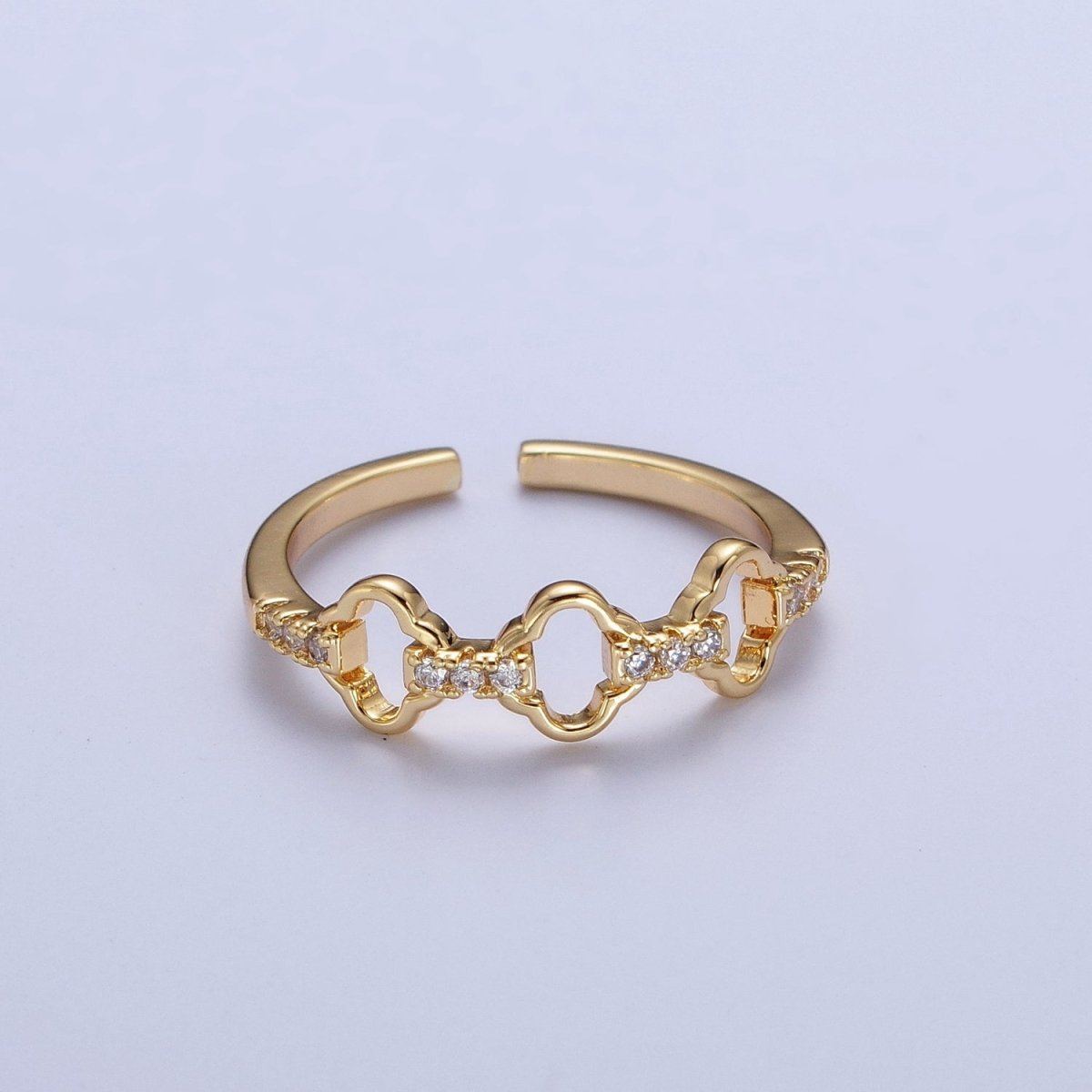Micro Paved Cubic Zirconia Quatrefoil Clover Chain Link Adjustable Gold Ring | X-589 - DLUXCA
