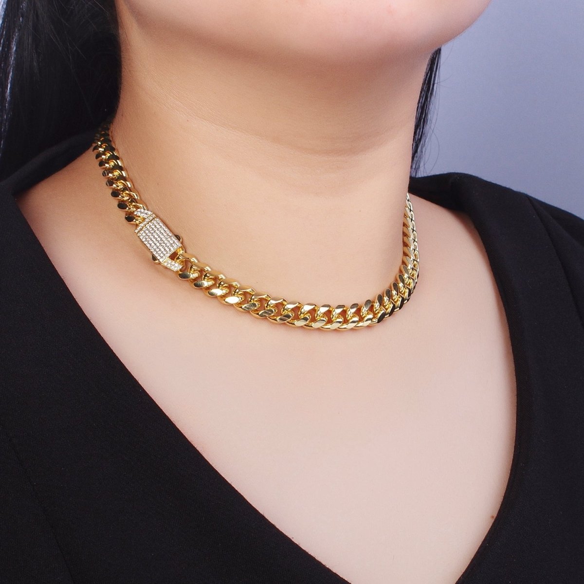 Micro Paved Cubic Zirconia Snap Lock Gold, Silver Cuban Curb Choker Necklace | WA-1106 WA-1418 Clearance Pricing - DLUXCA