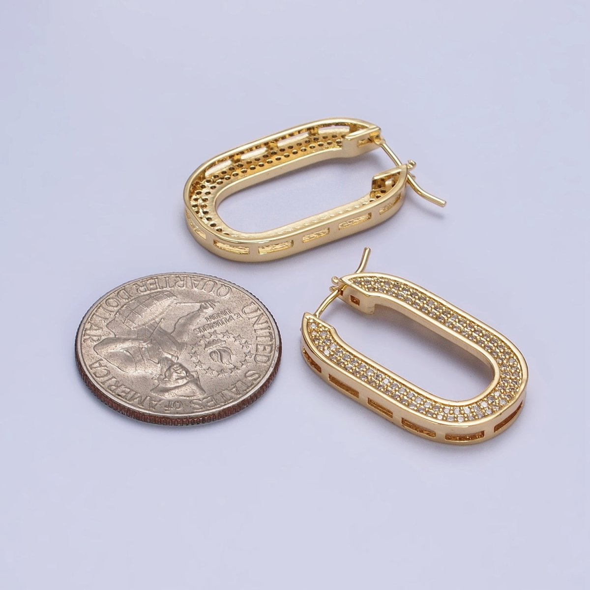 Micro Paved CZ 30mm Oblong U-Shaped Latch Earrings in Gold & Silver | AB174 AB175 - DLUXCA