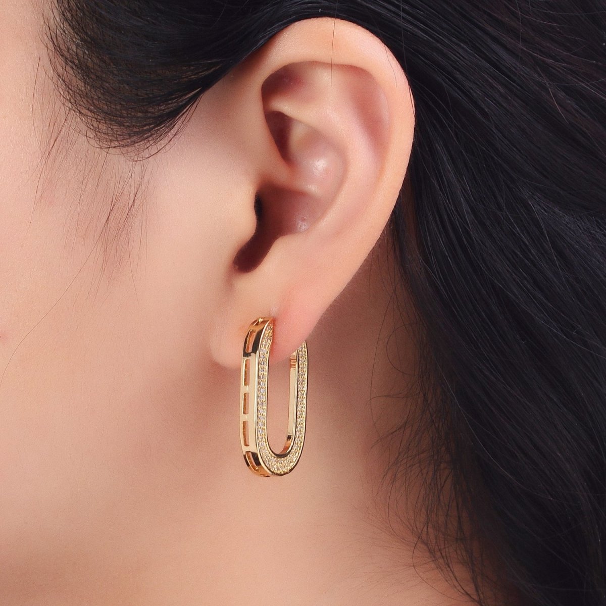 Micro Paved CZ 30mm Oblong U-Shaped Latch Earrings in Gold & Silver | AB174 AB175 - DLUXCA