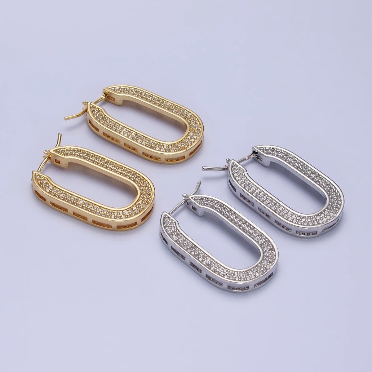 Micro Paved CZ 30mm Oblong U-Shaped Latch Earrings in Gold & Silver | AB174 AB175 - DLUXCA