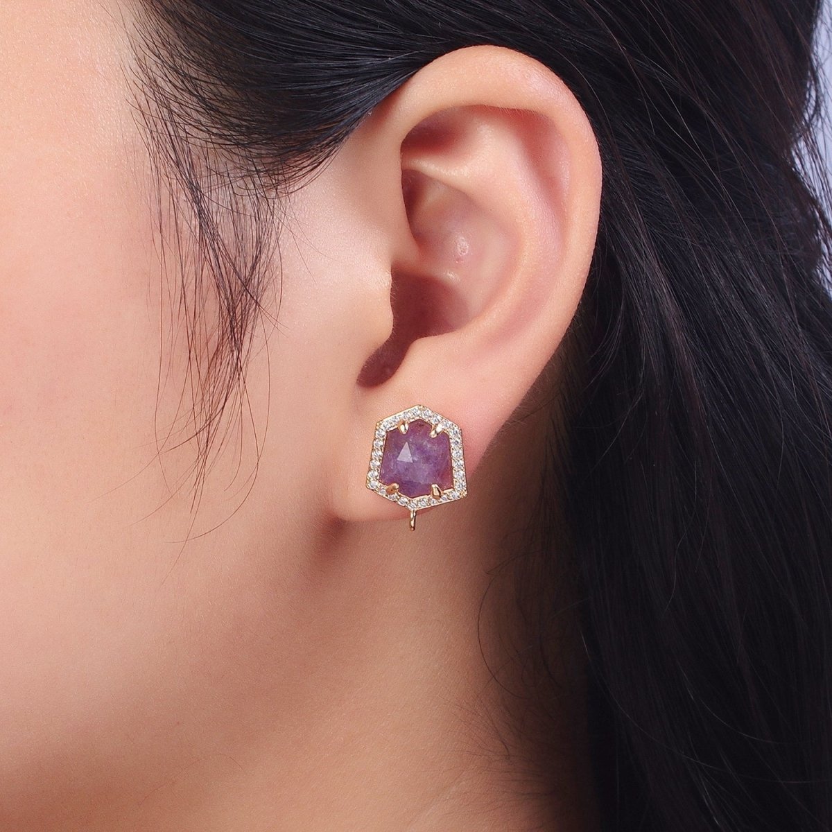 Micro Paved CZ Blue Lapiz, Purple Amethyst, Abalone Open Loop Stud Hexagon Geometric Earrings K-143 K-153 K-154 - DLUXCA