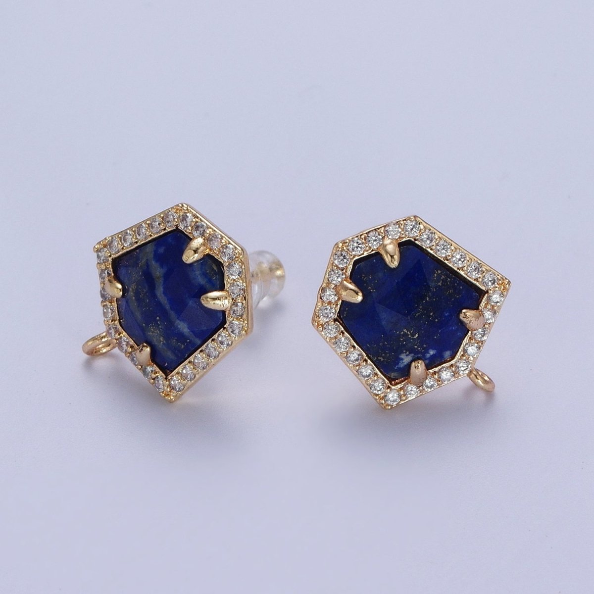 Micro Paved CZ Blue Lapiz, Purple Amethyst, Abalone Open Loop Stud Hexagon Geometric Earrings K-143 K-153 K-154 - DLUXCA