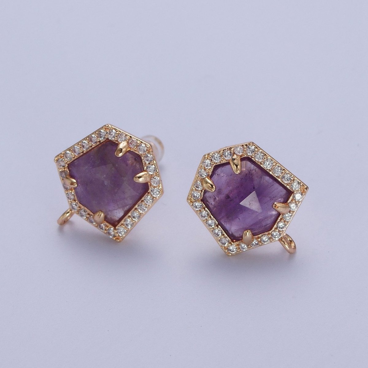 Micro Paved CZ Blue Lapiz, Purple Amethyst, Abalone Open Loop Stud Hexagon Geometric Earrings K-143 K-153 K-154 - DLUXCA