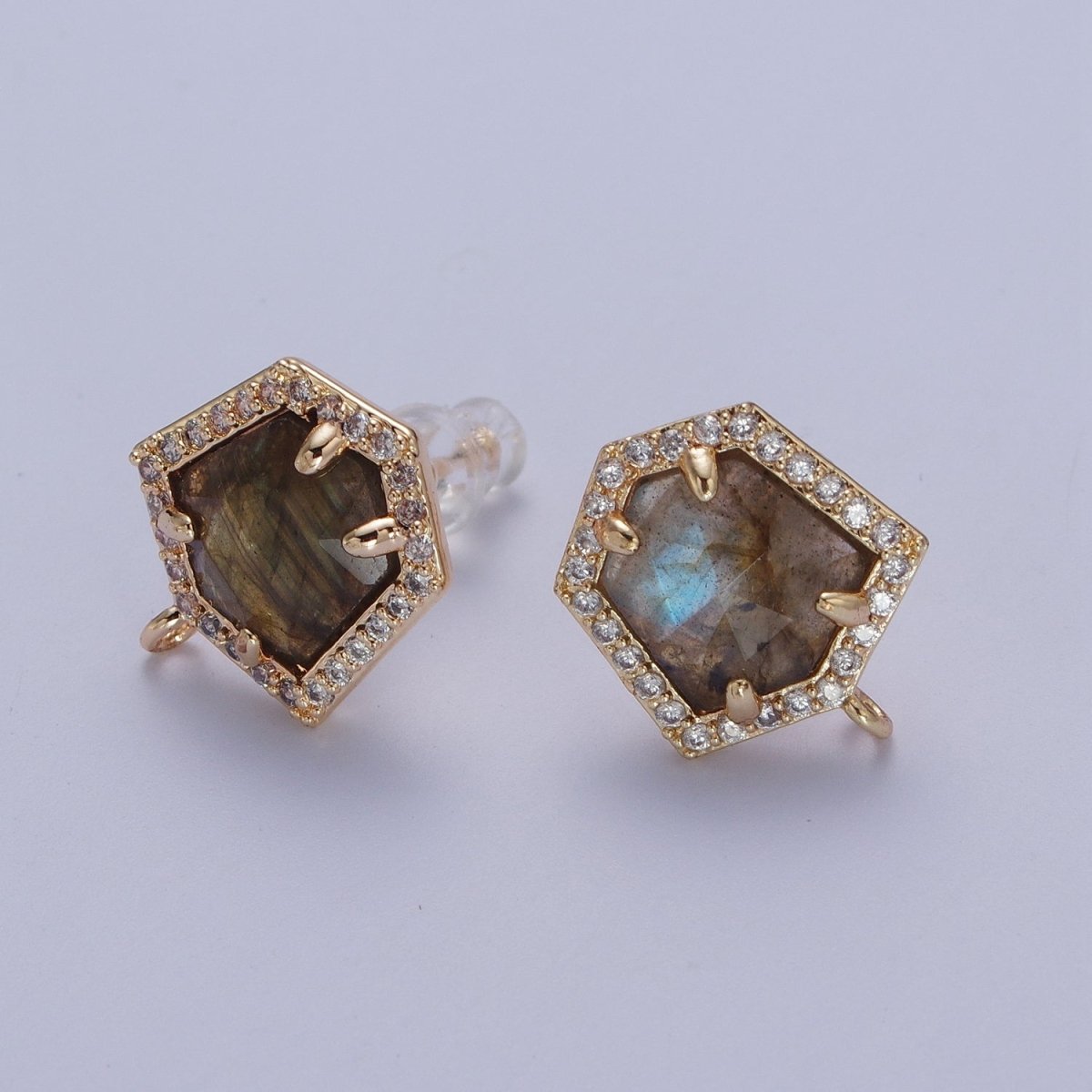 Micro Paved CZ Blue Lapiz, Purple Amethyst, Abalone Open Loop Stud Hexagon Geometric Earrings K-143 K-153 K-154 - DLUXCA