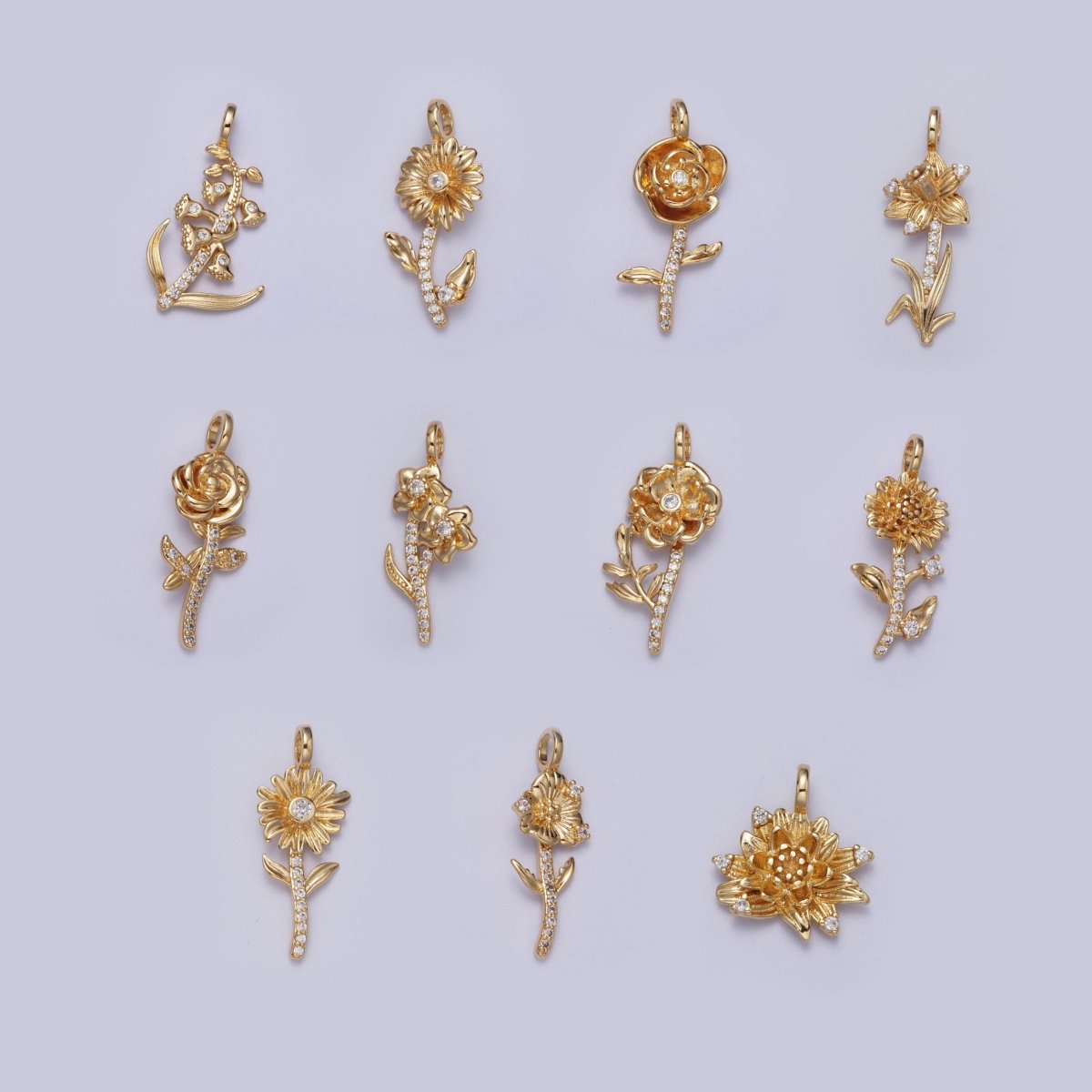 Micro Paved CZ Botanic Garden Birth Flower Gold Charm H-011 H-026 - H-032 H-038 H-040 H-041 - DLUXCA