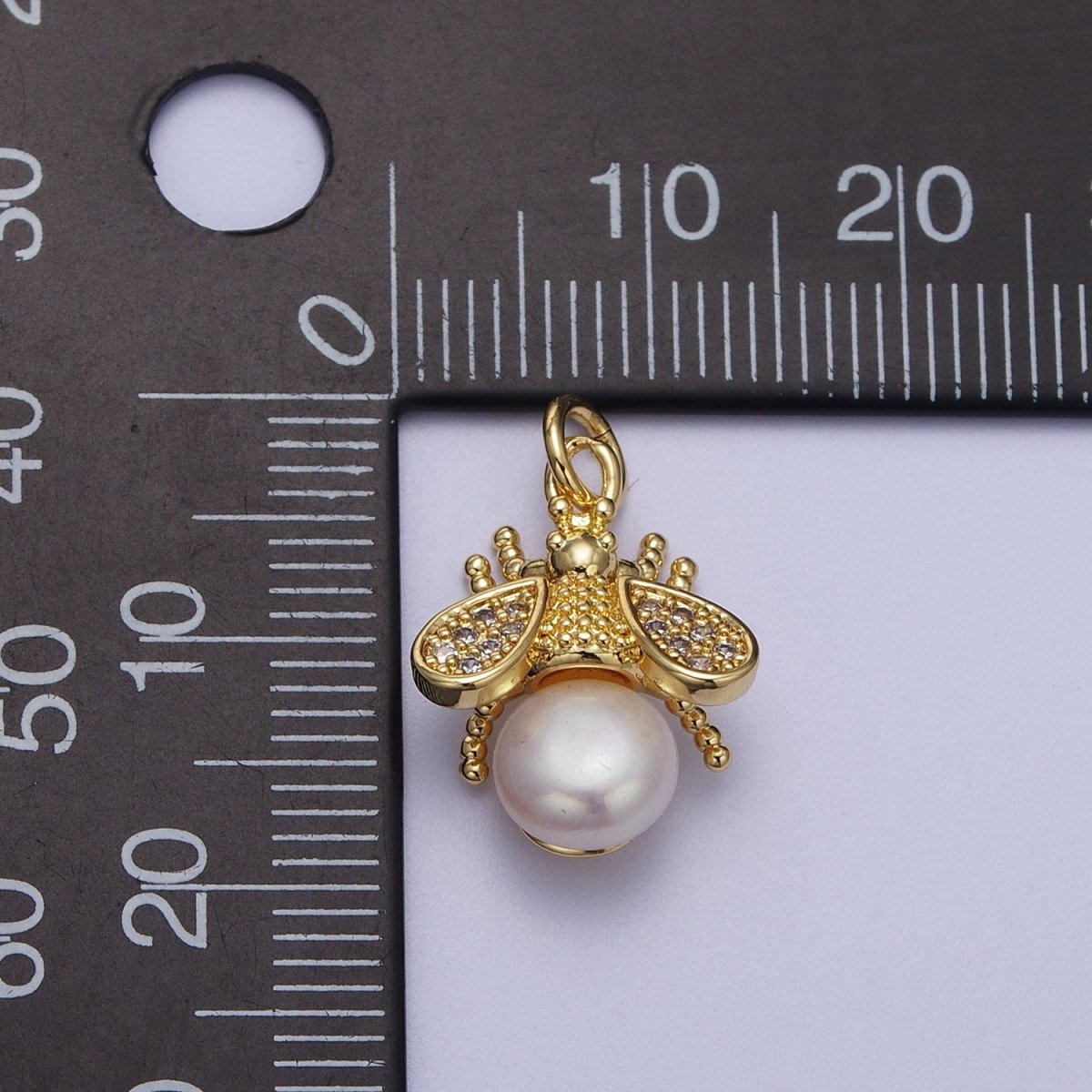 Micro Paved CZ Dotted Gold Bumble Bee Insect Round White / Purple Pearl Charm | A-598 A-930 - DLUXCA