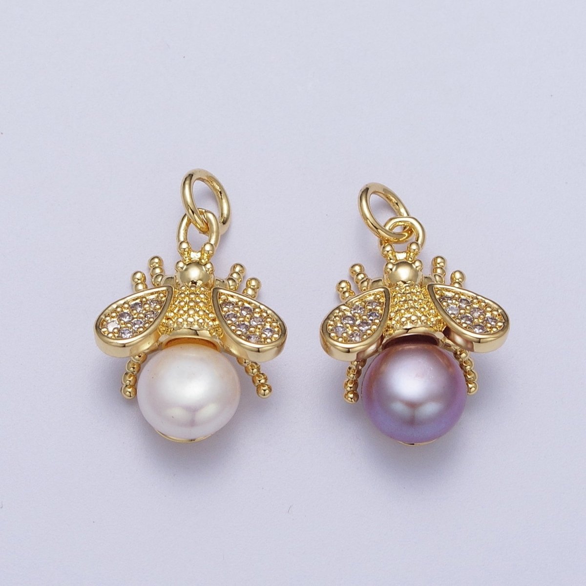 Micro Paved CZ Dotted Gold Bumble Bee Insect Round White / Purple Pearl Charm | A-598 A-930 - DLUXCA