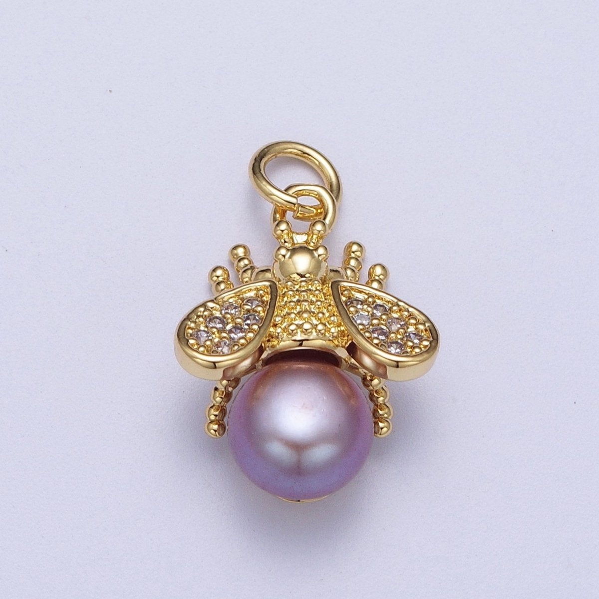 Micro Paved CZ Dotted Gold Bumble Bee Insect Round White / Purple Pearl Charm | A-598 A-930 - DLUXCA