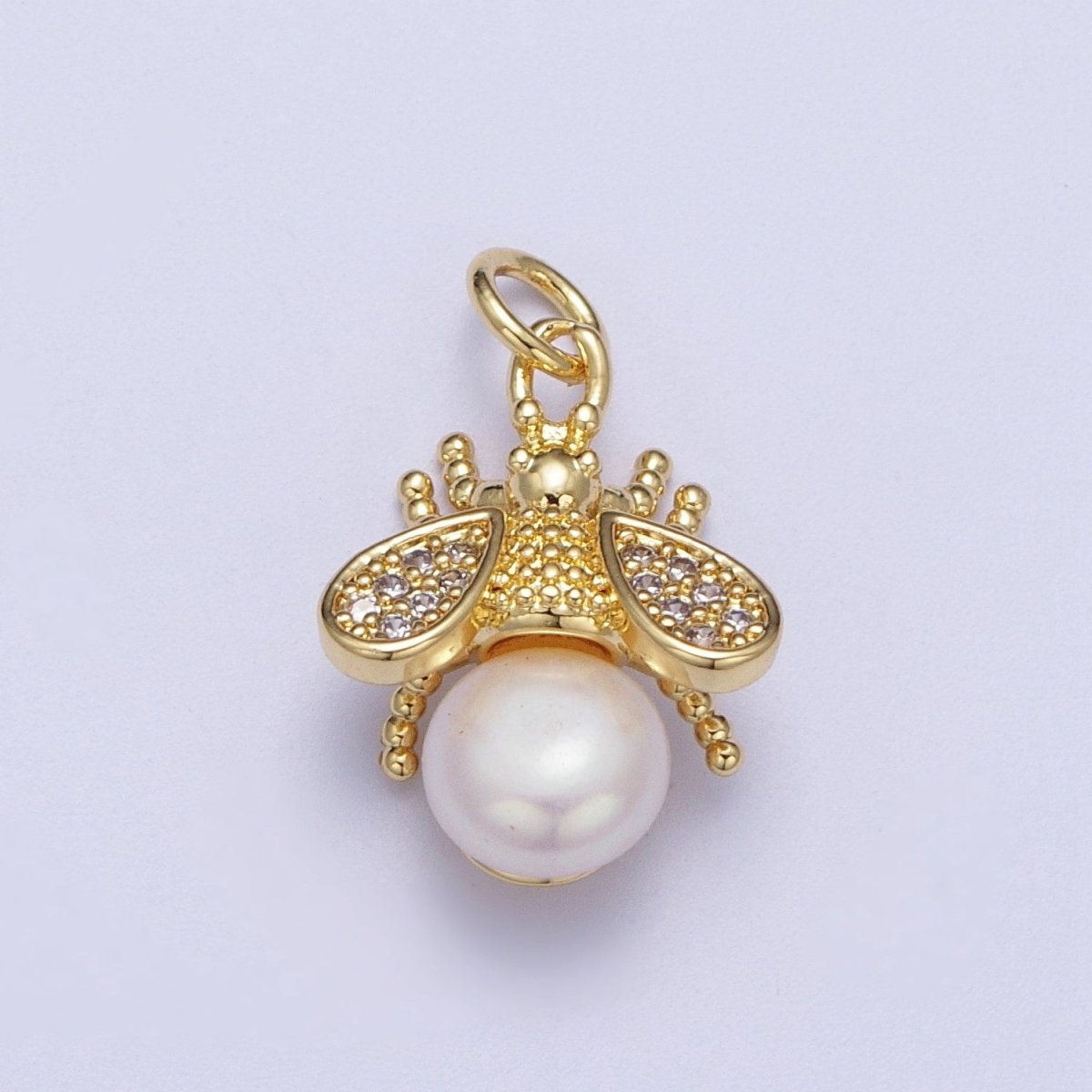 Micro Paved CZ Dotted Gold Bumble Bee Insect Round White / Purple Pearl Charm | A-598 A-930 - DLUXCA