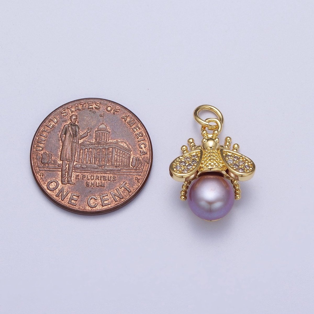 Micro Paved CZ Dotted Gold Bumble Bee Insect Round White / Purple Pearl Charm | A-598 A-930 - DLUXCA