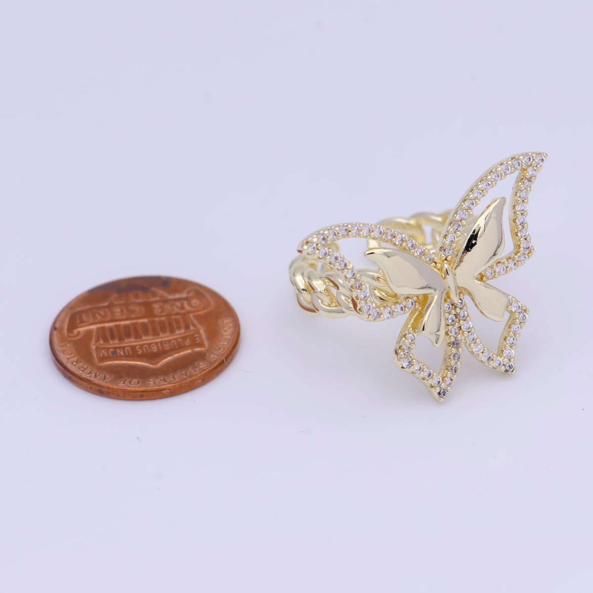 Micro Paved CZ Double Butterfly Mariposa Wings Statement Gold Curb Chain Ring | O-492 - DLUXCA