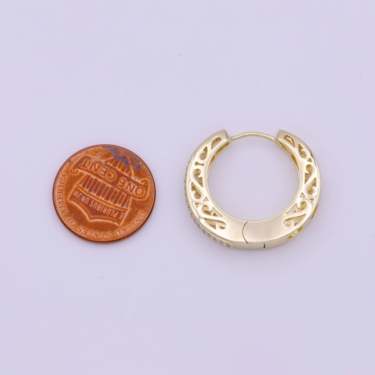 Micro Paved CZ Filigree 25mm Gold Huggie Hoop Earrings | Y-166 - DLUXCA