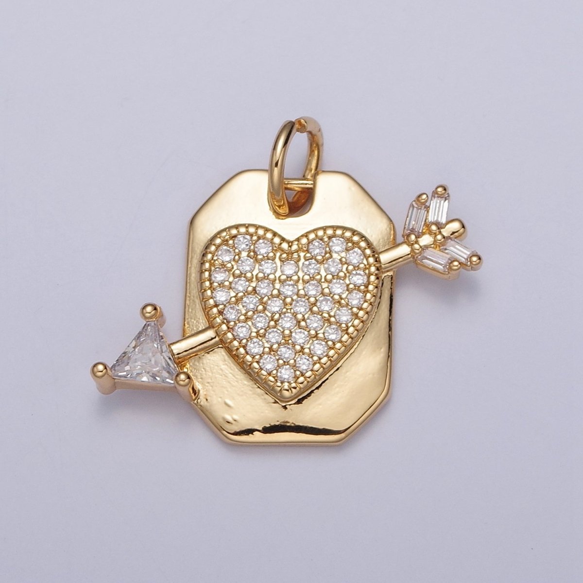 Micro Paved CZ Heart Cupid's Arrow Hexagonal Tag Charm | X-126 - DLUXCA