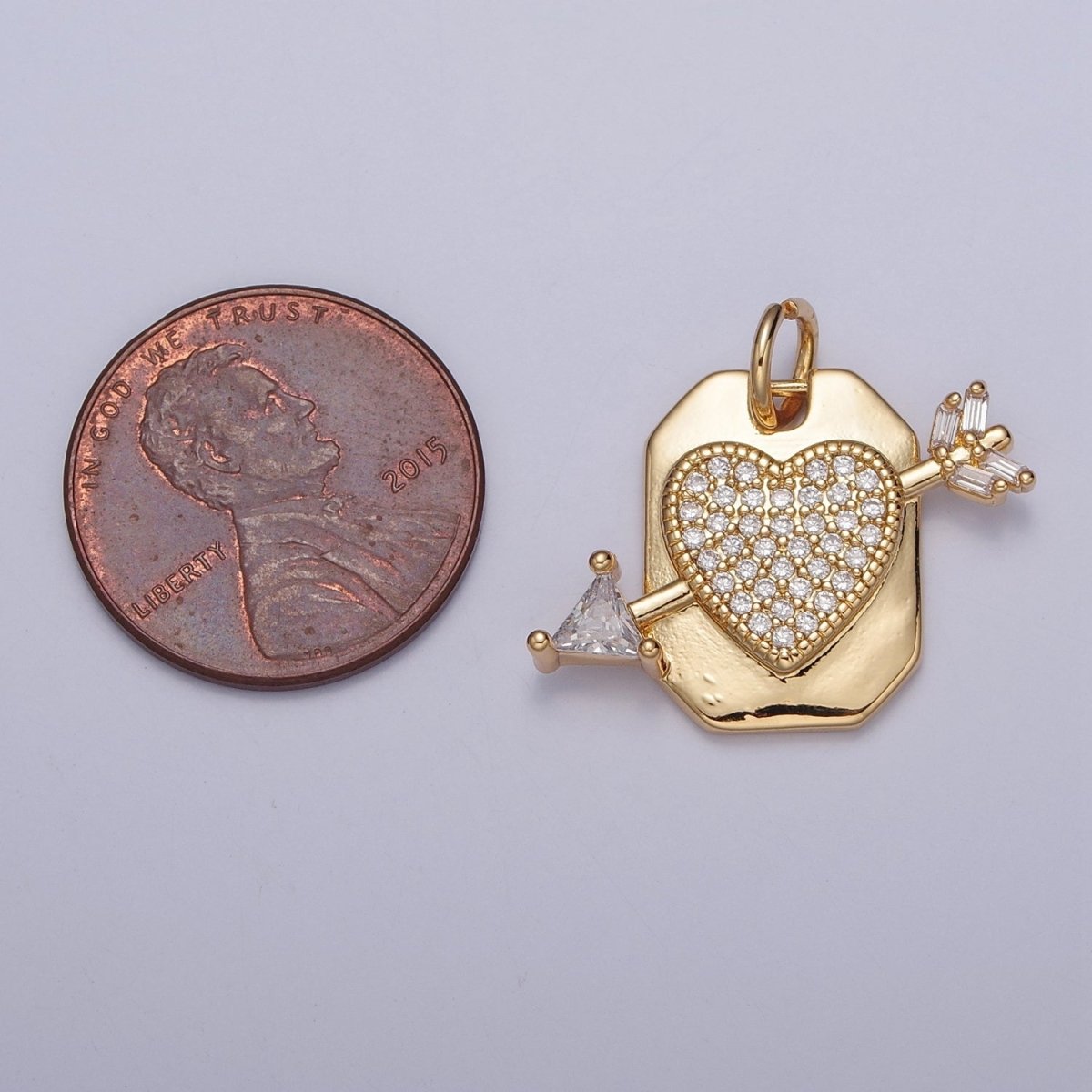 Micro Paved CZ Heart Cupid's Arrow Hexagonal Tag Charm | X-126 - DLUXCA
