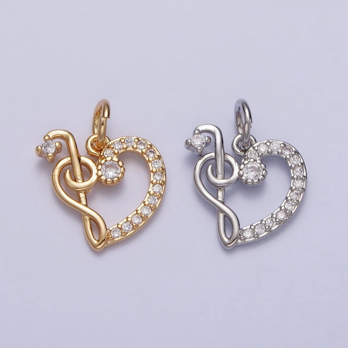 Micro Paved CZ Heart Musical Note G Treble Clef Charm in Gold & Silver | AC181 AC182 - DLUXCA