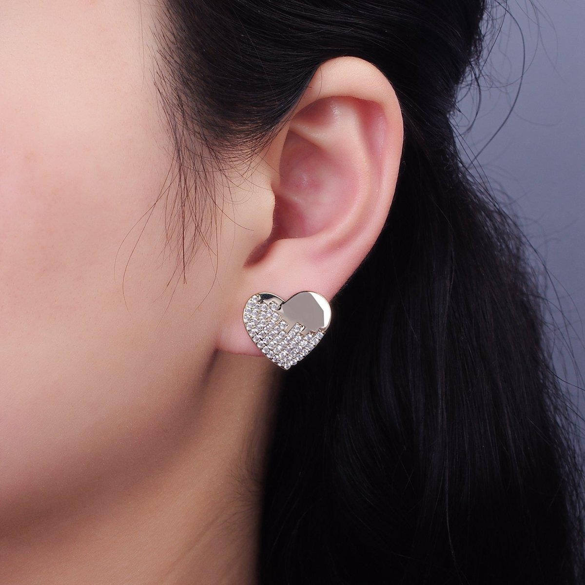 Micro Paved CZ Heart Stud Earrings Set in Gold & Silver | V534 V535 - DLUXCA