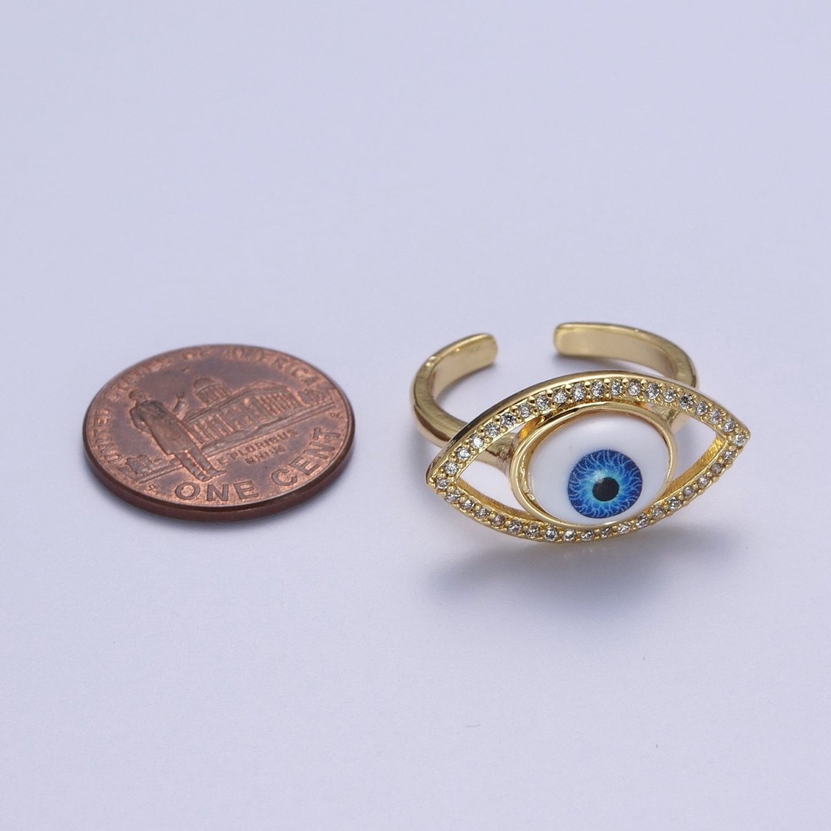 Micro Paved CZ Open Blue Evil Eye of Ra Protection Adjustable Gold Statement Ring | O-1999 - DLUXCA