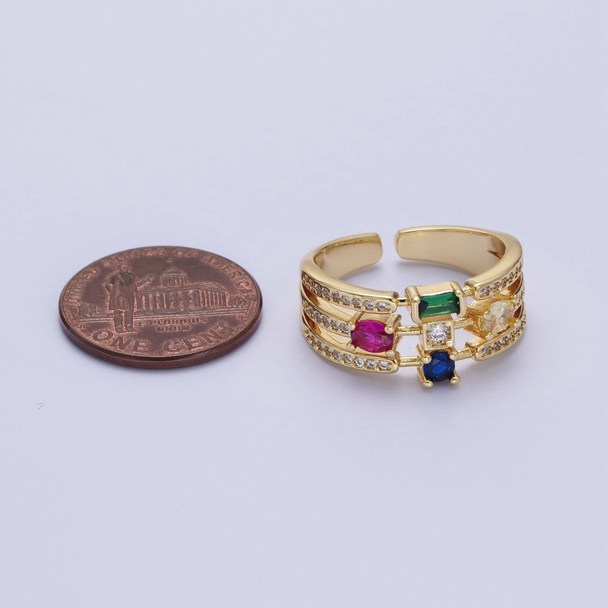 Micro Paved CZ Triple Band Multicolor Oval Round Baguette Cubic Zirconia Statement Gold Ring | O-132 - DLUXCA