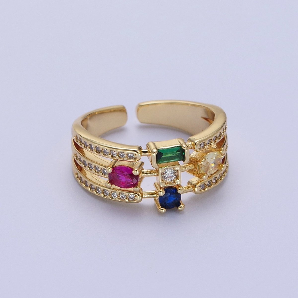 Micro Paved CZ Triple Band Multicolor Oval Round Baguette Cubic Zirconia Statement Gold Ring | O-132 - DLUXCA