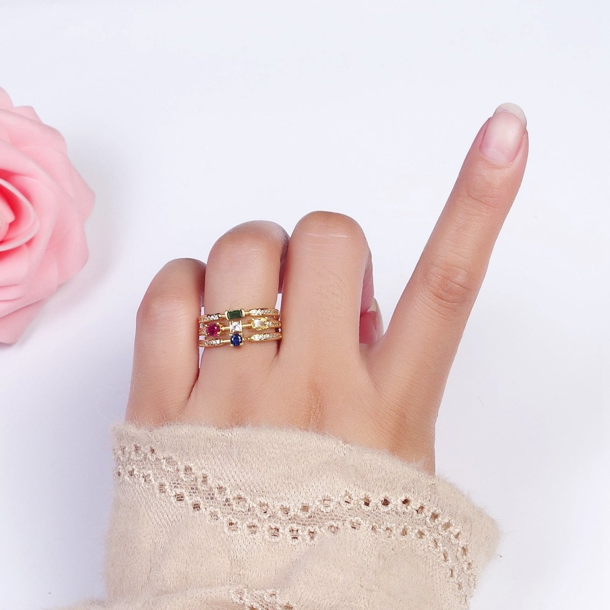 Micro Paved CZ Triple Band Multicolor Oval Round Baguette Cubic Zirconia Statement Gold Ring | O-132 - DLUXCA