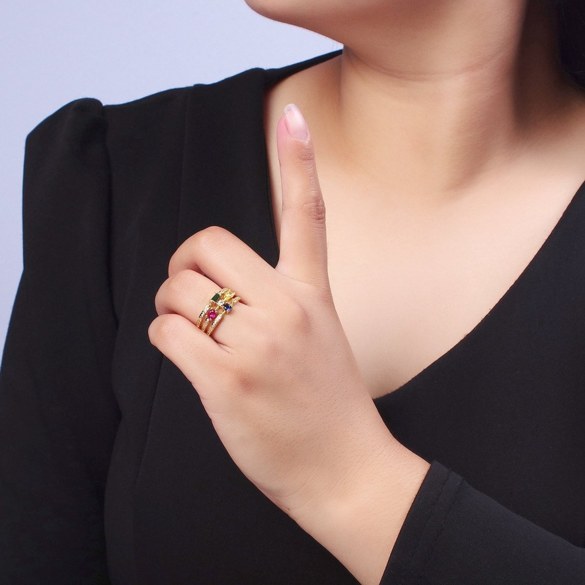 Micro Paved CZ Triple Band Multicolor Oval Round Baguette Cubic Zirconia Statement Gold Ring | O-132 - DLUXCA