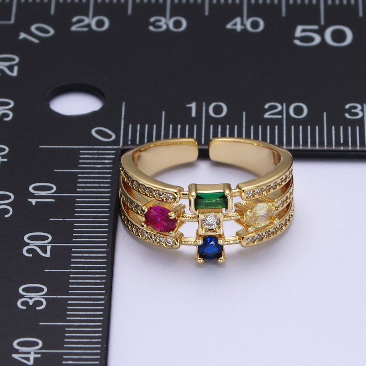 Micro Paved CZ Triple Band Multicolor Oval Round Baguette Cubic Zirconia Statement Gold Ring | O-132 - DLUXCA