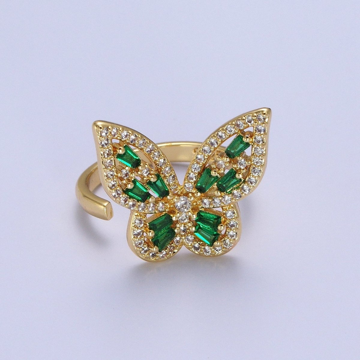 Micro Paved Gold Green Baguette Mariposa Butterfly Adjustable Ring | Y-361 - DLUXCA