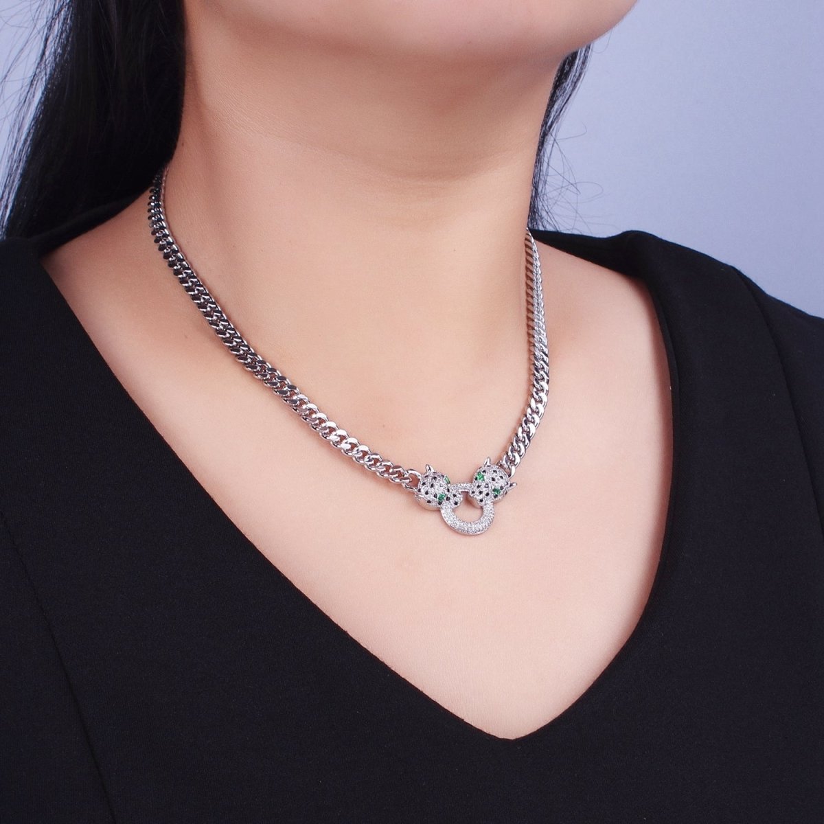 Micro Paved Green Eyed Jaguar Panther 18 Inch Curb Chain Necklace in Gold & Silver | WA-1361 WA-1362 Clearance Pricing - DLUXCA