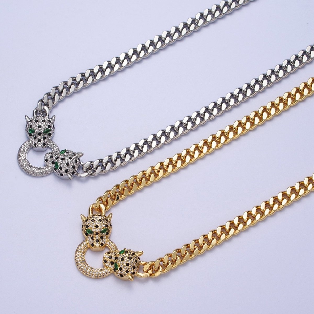 Micro Paved Green Eyed Jaguar Panther 18 Inch Curb Chain Necklace in Gold & Silver | WA-1361 WA-1362 Clearance Pricing - DLUXCA