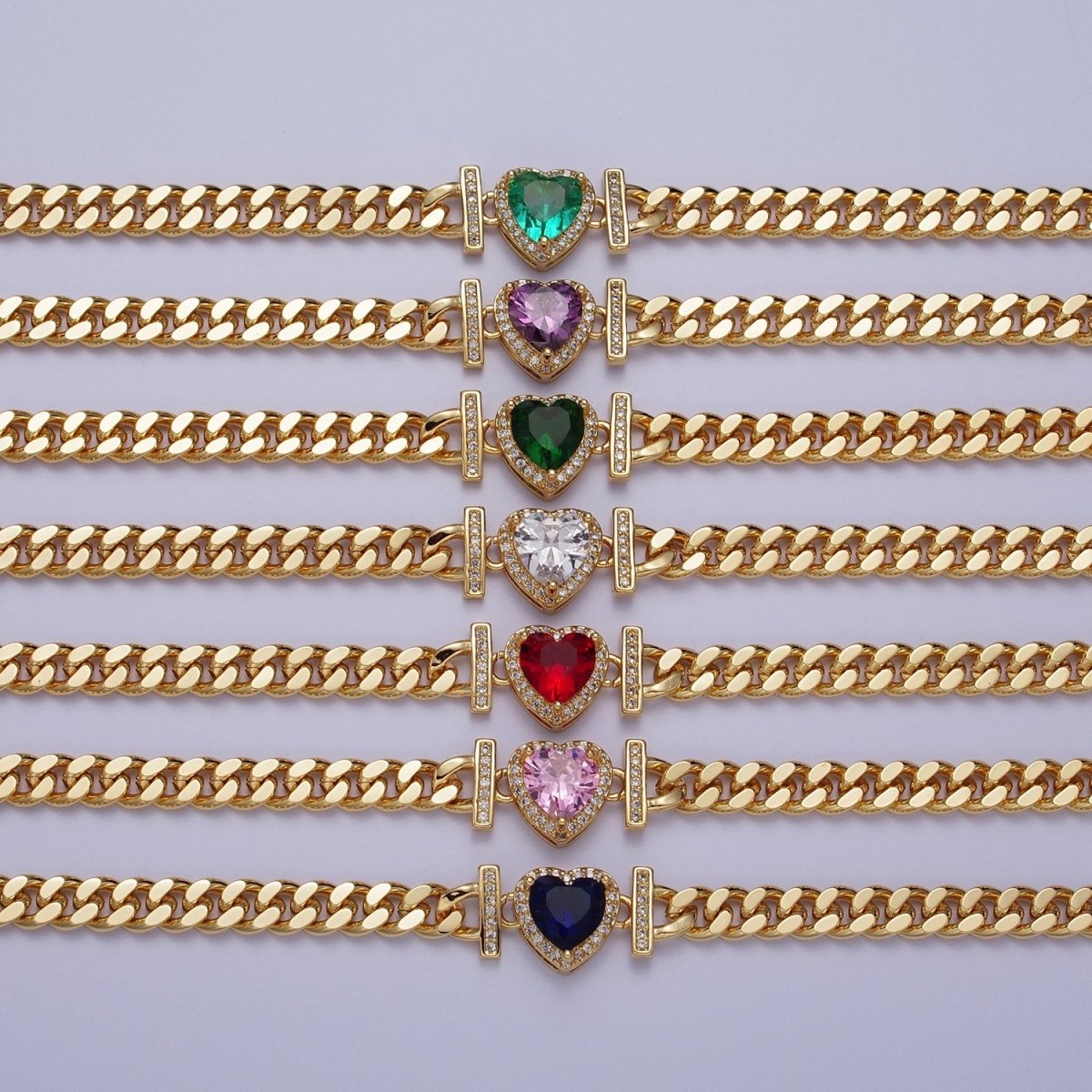 Micro Paved Heart Cubic Zirconia Stones Gold Cuban Curb Chain Necklace | WA-1091 - WA-1097 Clearance Pricing - DLUXCA