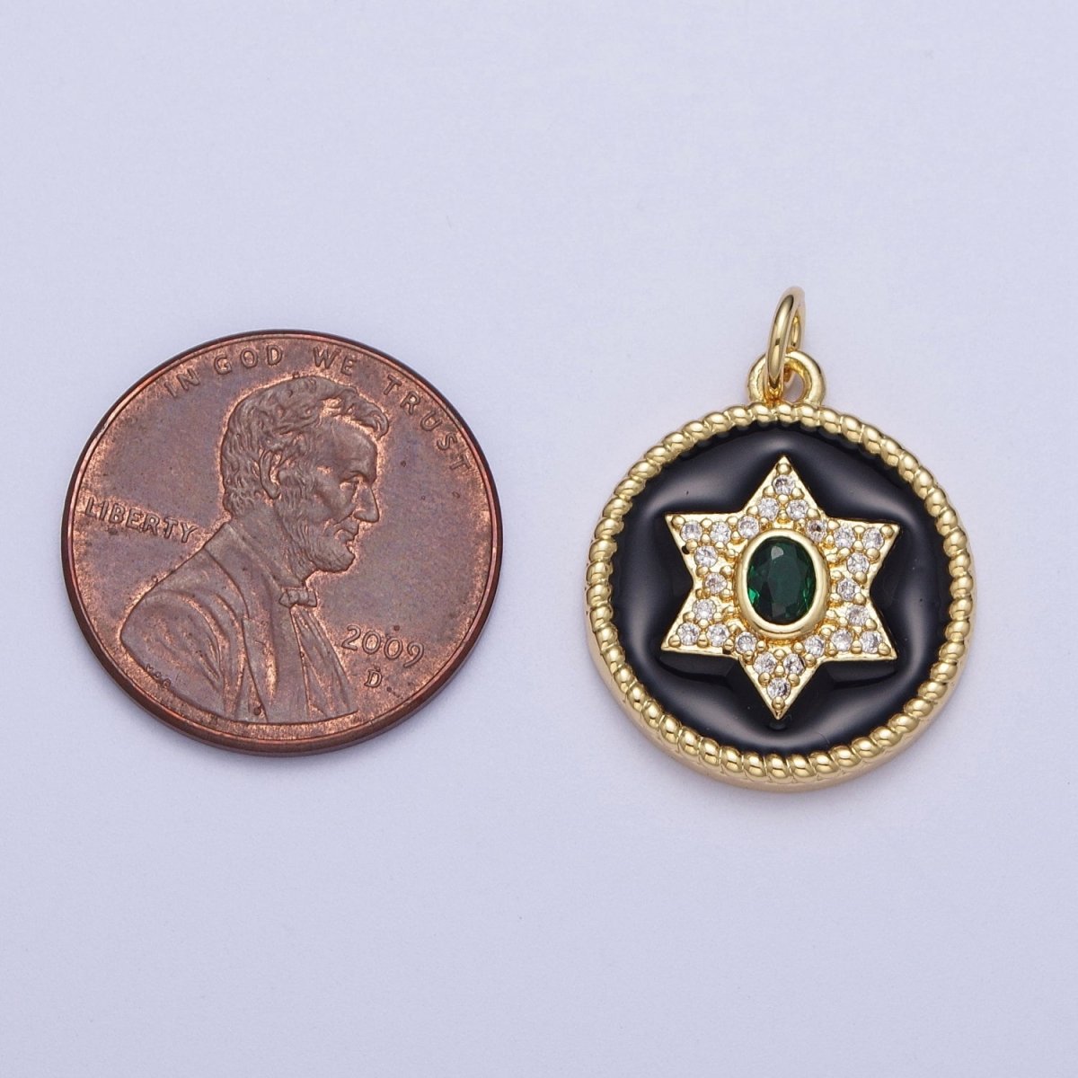 Micro Paved Star Black Enamel Round Coin Medallion Gold Charm | X-725 - DLUXCA