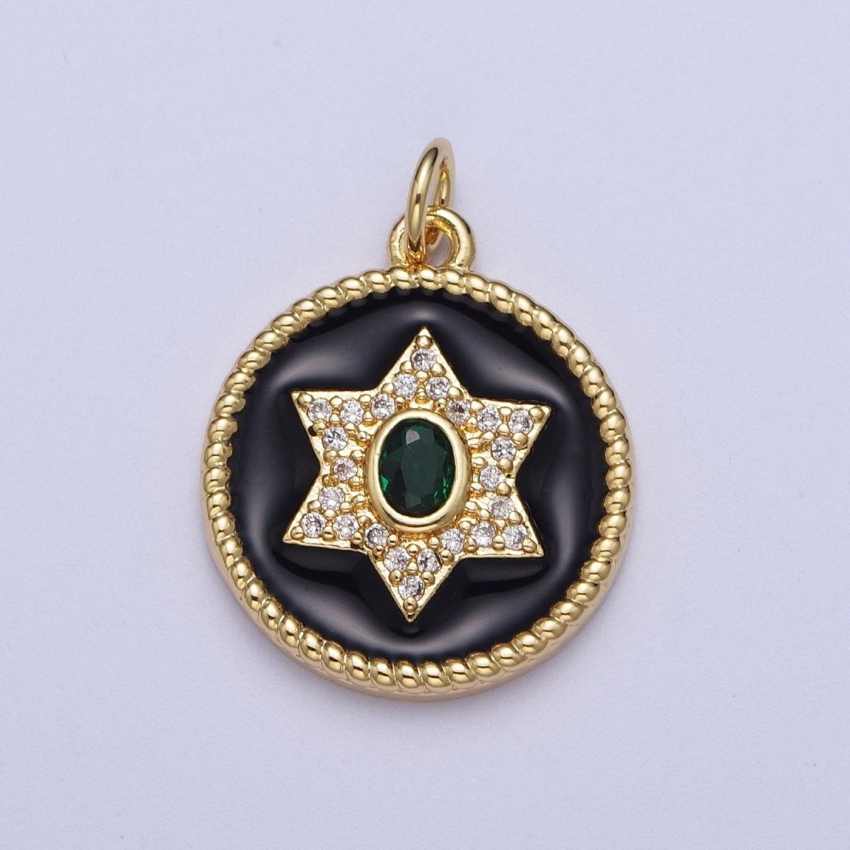 Micro Paved Star Black Enamel Round Coin Medallion Gold Charm | X-725 - DLUXCA