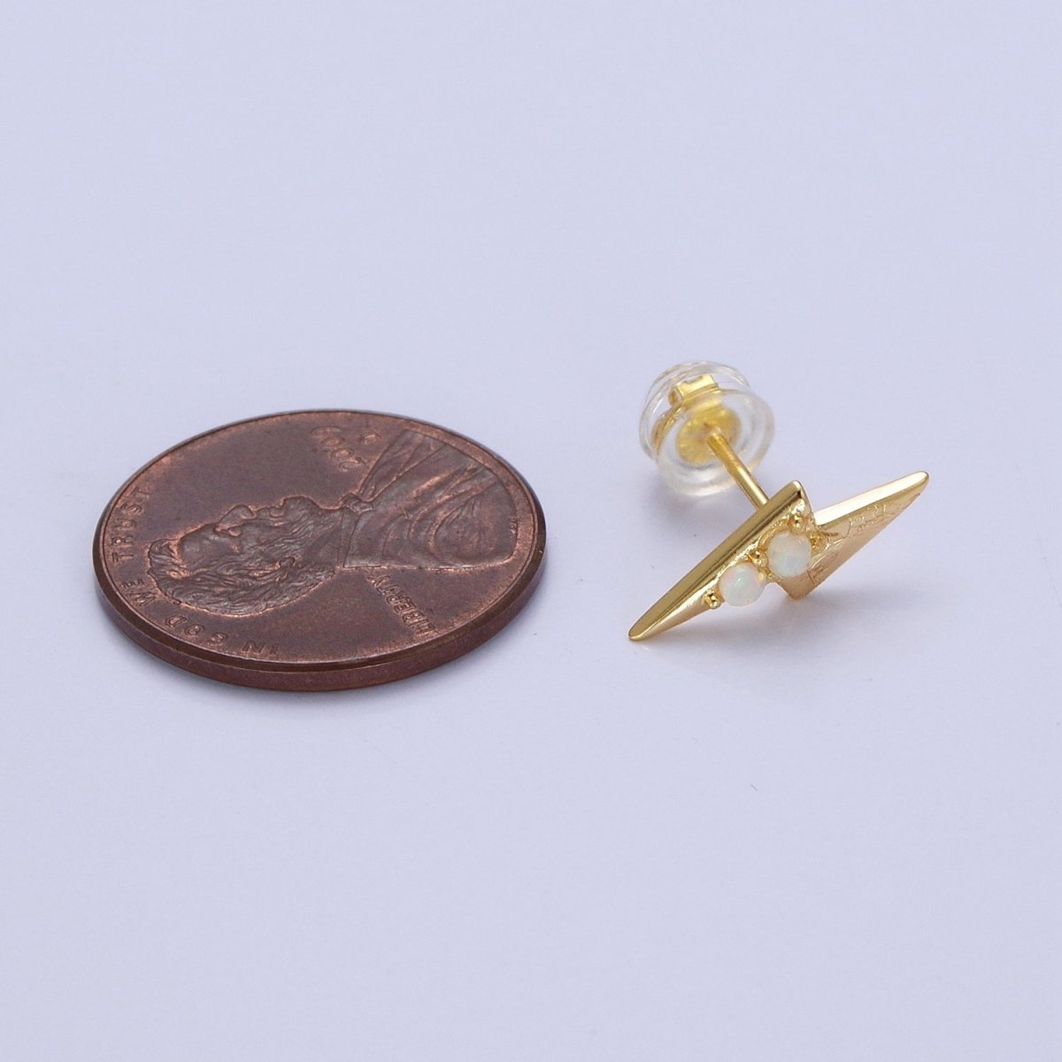 Mini 14K Gold Filled Lightning Bolt Round White Opal Stud Earrings | Y-091 - DLUXCA