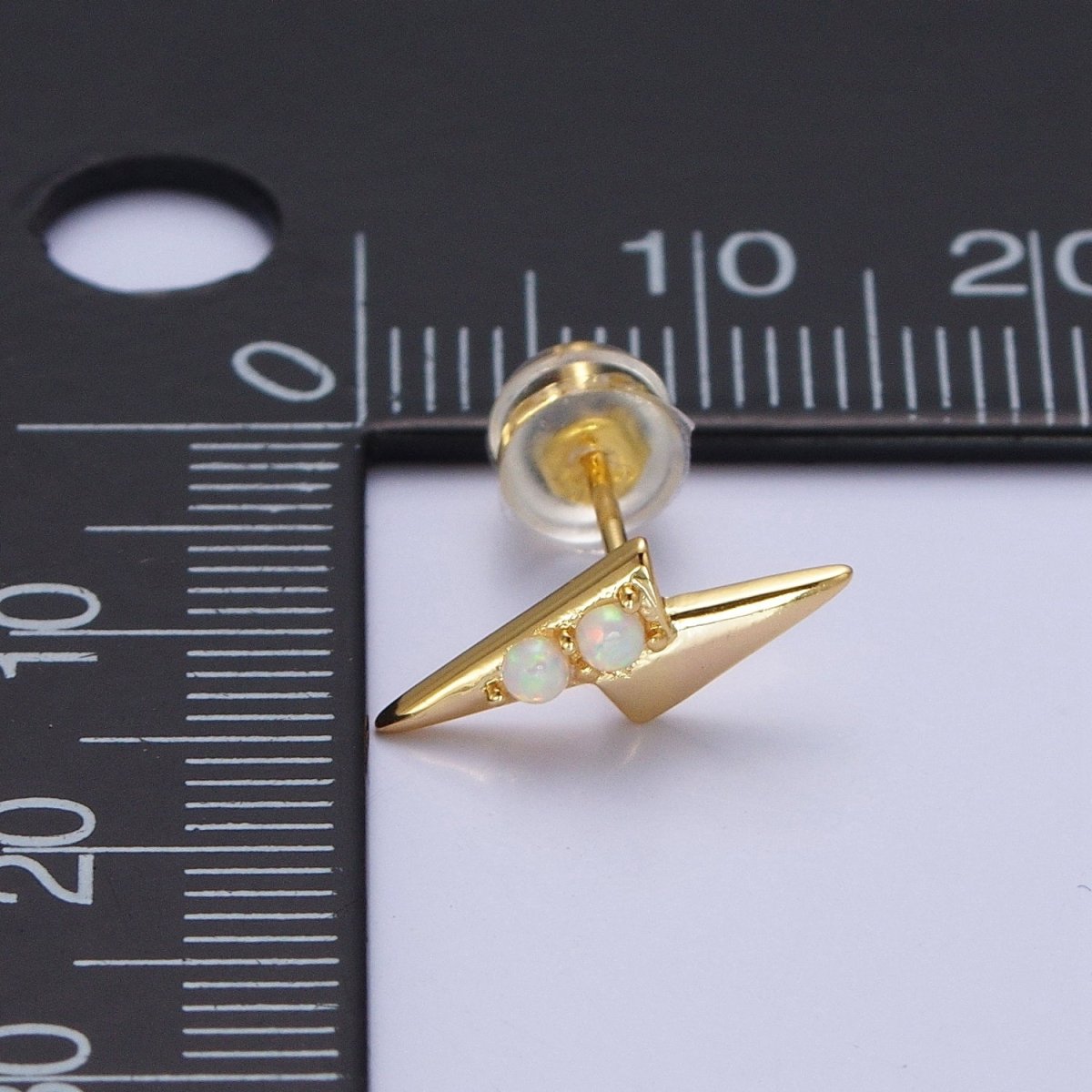 Mini 14K Gold Filled Lightning Bolt Round White Opal Stud Earrings | Y-091 - DLUXCA