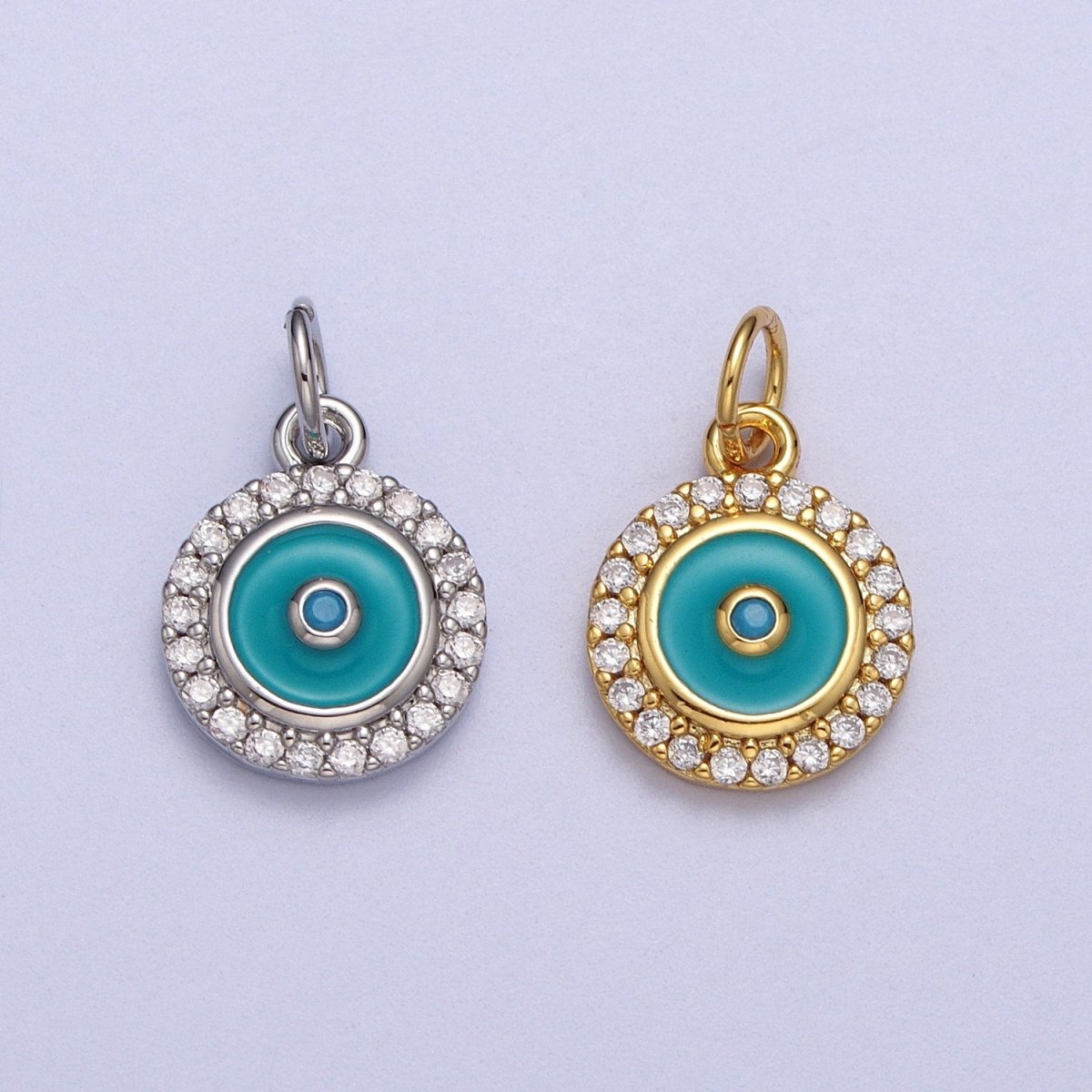 Mini 18K Gold Filled Round Evil Eye Pendant Teal Evil Eye Charm with Cubic Zirconia Stone AC555 AC556 - DLUXCA