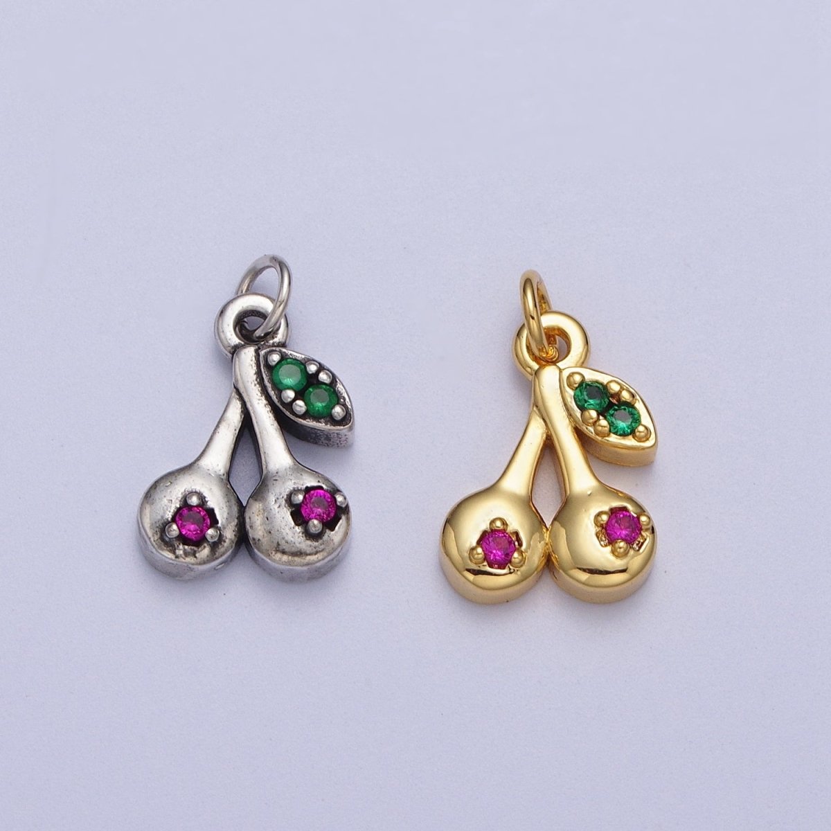 Mini 24k Gold Filled Cherry Charm, CZ Micro Pave Cherry Charm Pave Fruit Charm - AC026 AC027 - DLUXCA