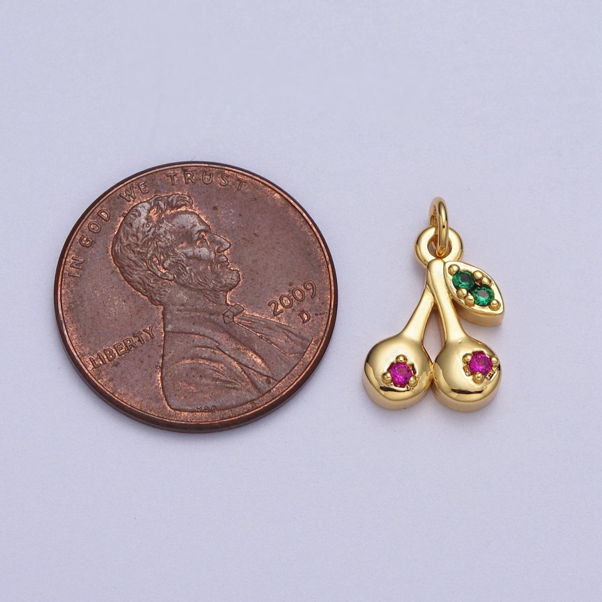 Mini 24k Gold Filled Cherry Charm, CZ Micro Pave Cherry Charm Pave Fruit Charm - AC026 AC027 - DLUXCA