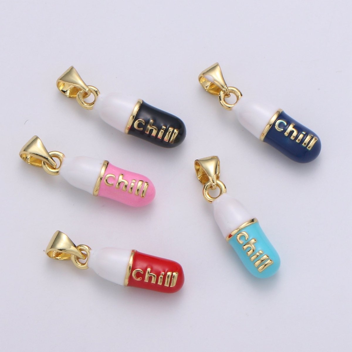 Mini 24K Gold Filled Pill Bar Charm Enamel Pink Love Chill Happy Pill Pendant for Bracelet Necklace Earring Component Supply 23x5mm J-203~J-207,J-209~J-213,J-244~J-248 - DLUXCA