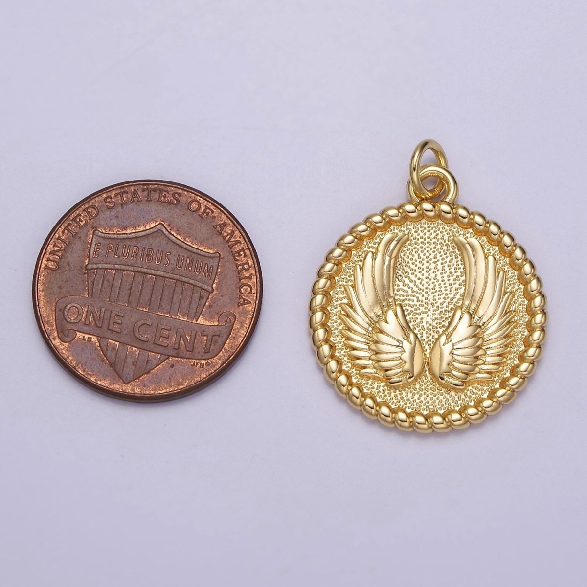 Mini Angel Wing Charm Round Gold Filled Disc Charm E-713 - DLUXCA