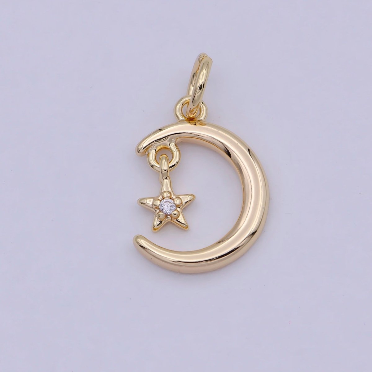 Mini Celestial CZ Cubic Zirconia Crescent Moon Star Charm Gold Charm Pendant W-178 - DLUXCA