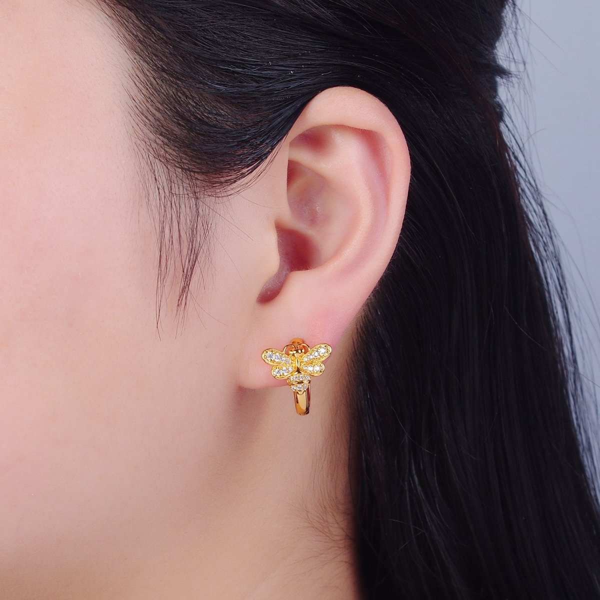 Mini Clear Butterfly Earring Gold Huggie Earring 24k Gold Filled T-452 - DLUXCA