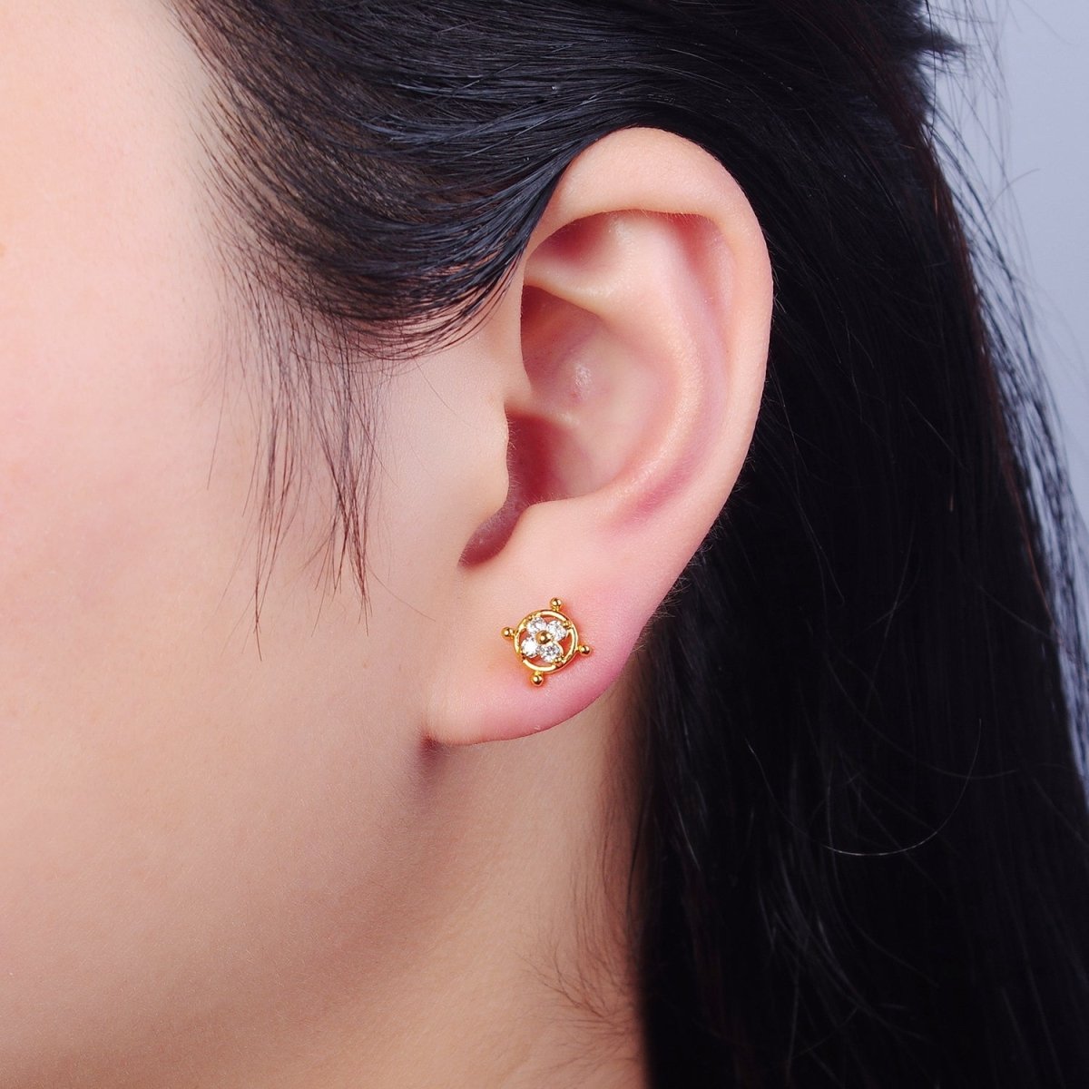 Mini Clear Pave Clover Stud Earring in 24k Gold Filled T-454 - DLUXCA