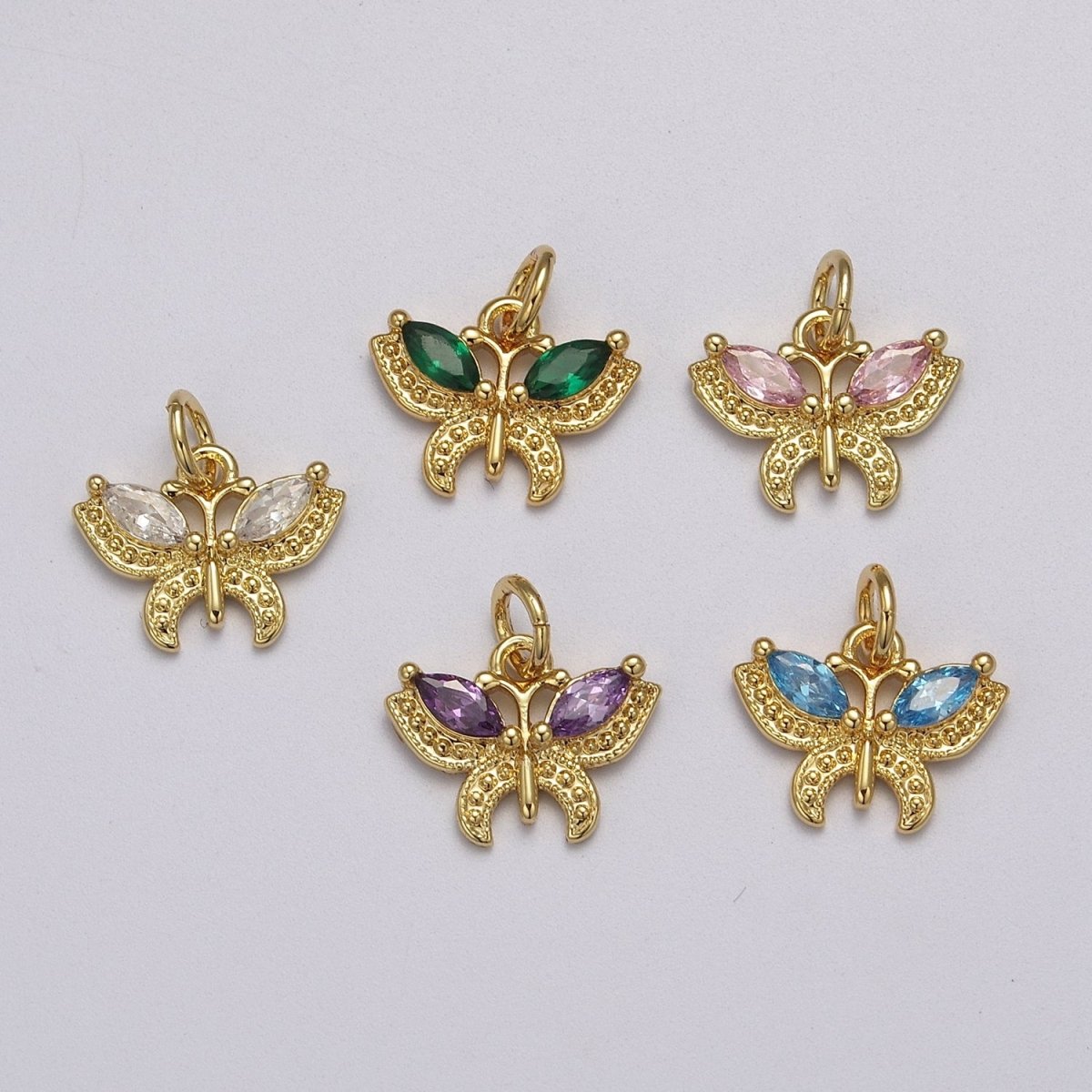 Mini CZ Micro Pave Butterfly Pendant Pink, Clear, Blue, Green Purple Cubic Zirconia Pave Mariposa add on Charm E-725 E-726 E-727 E-728 E-729 - DLUXCA